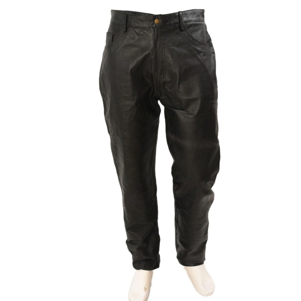 90s Vtg International Male Black Leather Pants 36 Straight Leg Rocker Grunge